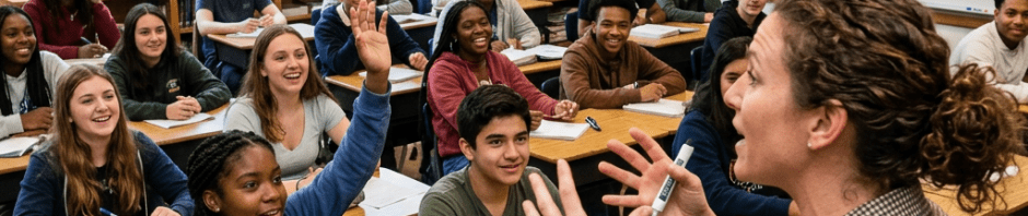 High school students in a classroom raising hands and engaging with their teacher during a biology lesson on ecosystems.
