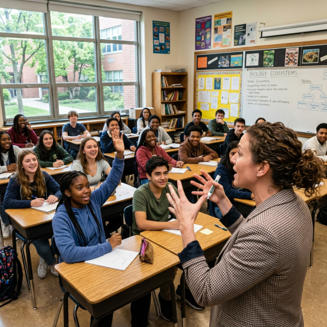High school students in a classroom raising hands and engaging with their teacher during a biology lesson on ecosystems.