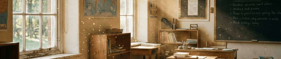 Empty vintage classroom with wooden desks, books, world maps, and sunlight filtering through windows showing dust particles