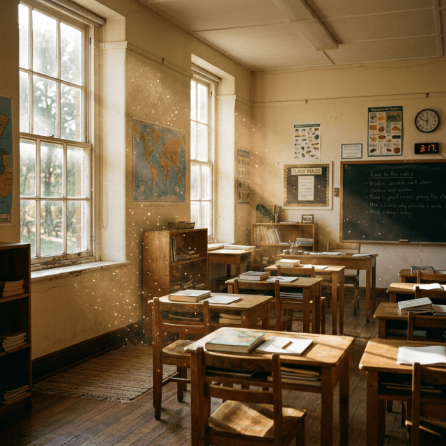 Empty vintage classroom with wooden desks, books, world maps, and sunlight filtering through windows showing dust particles
