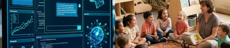 Curved monitor showing AI data analysis charts and neural network images; teacher reading a book to smiling children seated in a circle on a rug in a classroom.