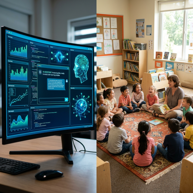 Curved monitor showing AI data analysis charts and neural network images; teacher reading a book to smiling children seated in a circle on a rug in a classroom.