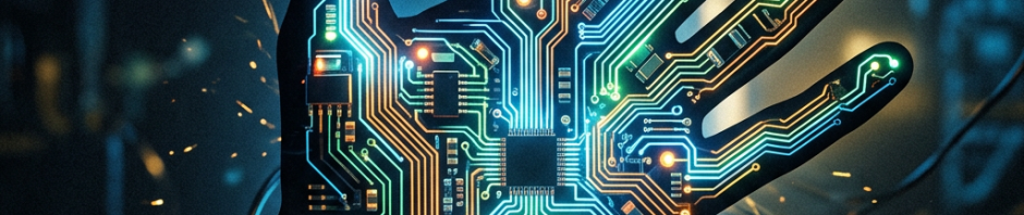 Cybernetic hand with glowing multicolored circuit pathways