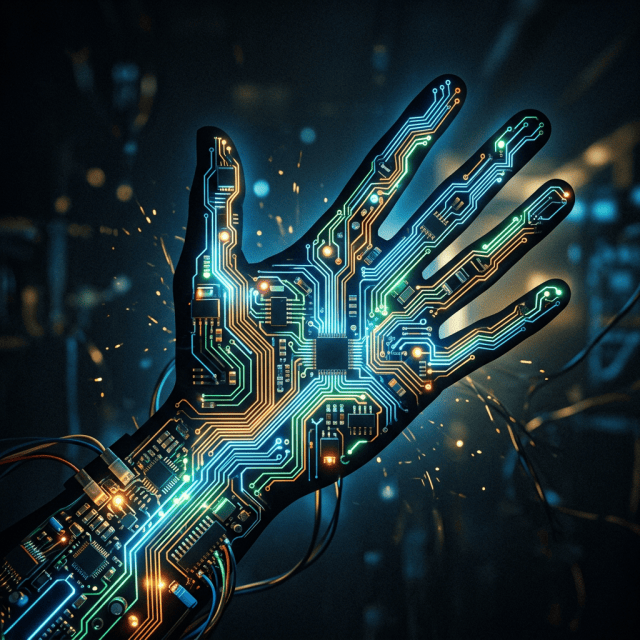 Cybernetic hand with glowing multicolored circuit pathways