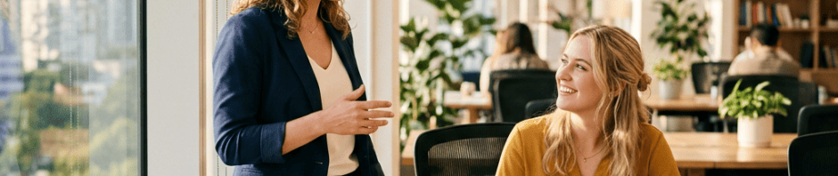 Two women in office talking by a window with laptop and notebook