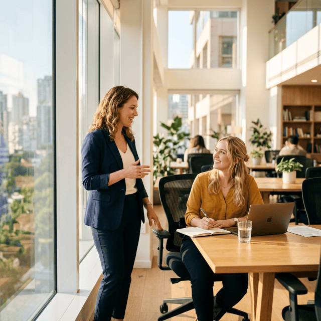 Two women in office talking by a window with laptop and notebook