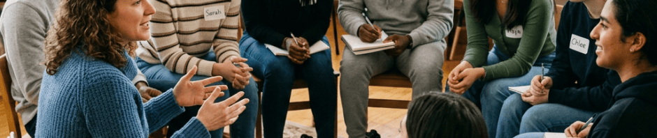 Teacher facilitating intimate classroom workshop, students in responsive circle
