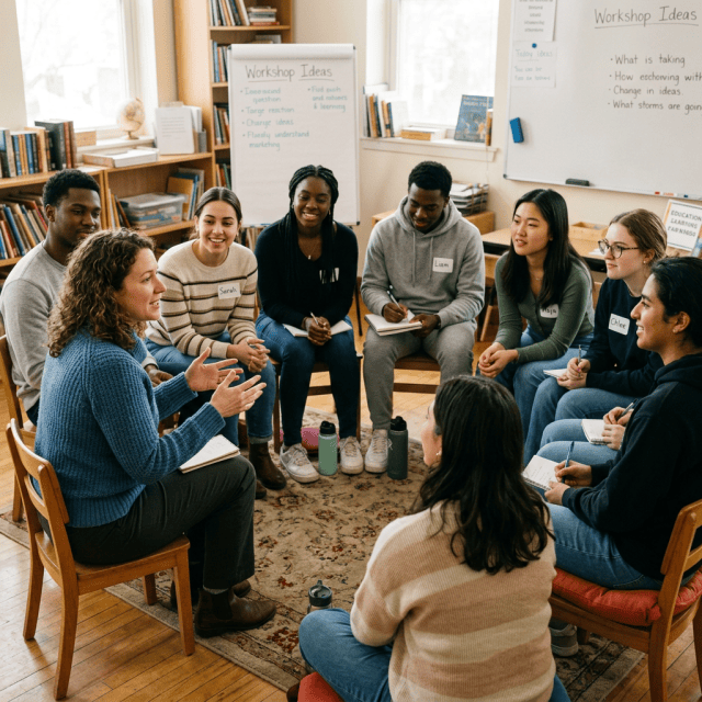 Teacher facilitating intimate classroom workshop, students in responsive circle