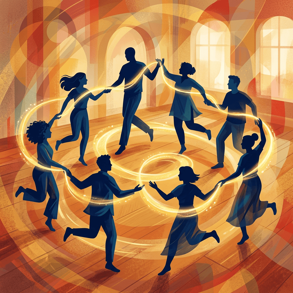 Diverse people holding hands in a circle with glowing light trails