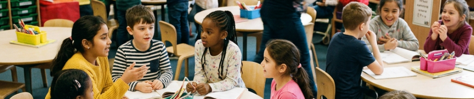 Children collaborating at tables in a classroom filled with learning displays