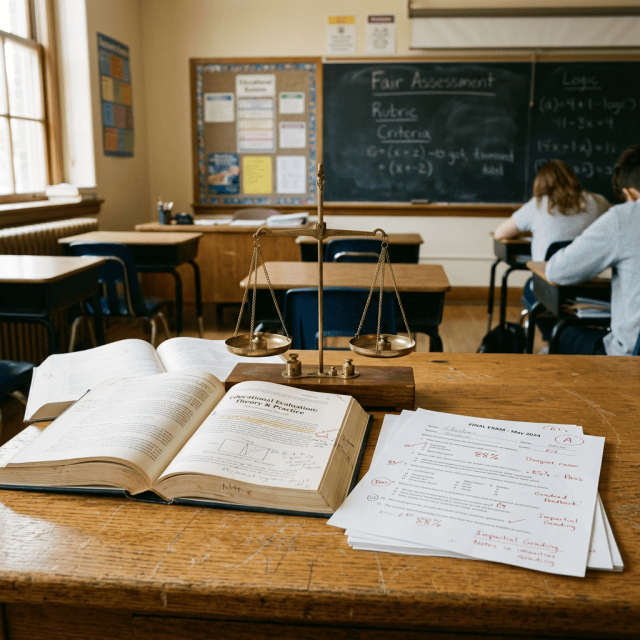 Classroom desk with mathematics book, balance scale, and graded exams