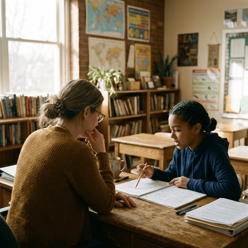 Teacher helping student with work at a classroom desk