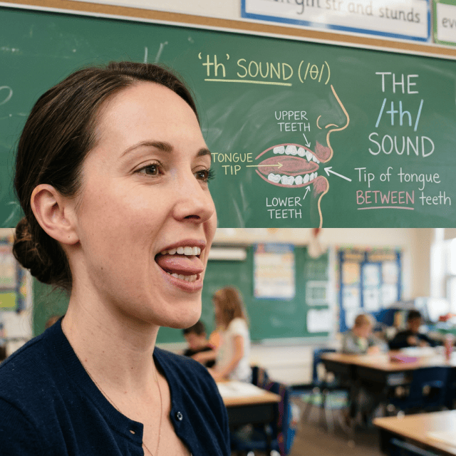 Teacher demonstrating “th” sound; chalkboard reads “THE /th/ SOUND,” “TONGUE TIP,” and “BETWEEN teeth.”