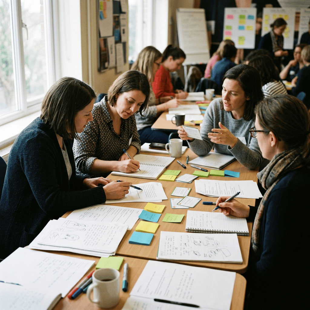 People collaborating around a table with notes, worksheets, and sticky notes